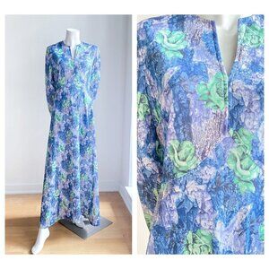 Vintage Abstract Floral Rose print Blue Green Long Sleeve Maxi M